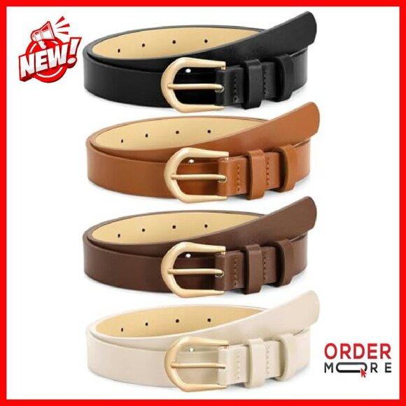 4 Pack Thin Leather Belts Skinny Waist Gold Buckle Women\'s Fashion main image 4